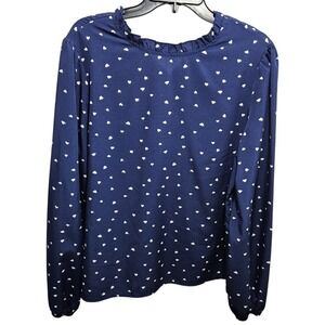 SHEIN‎ Navy Blue Heart Print Ruffle Neck Blouse Long Sleeve Keyhole Back Size XL